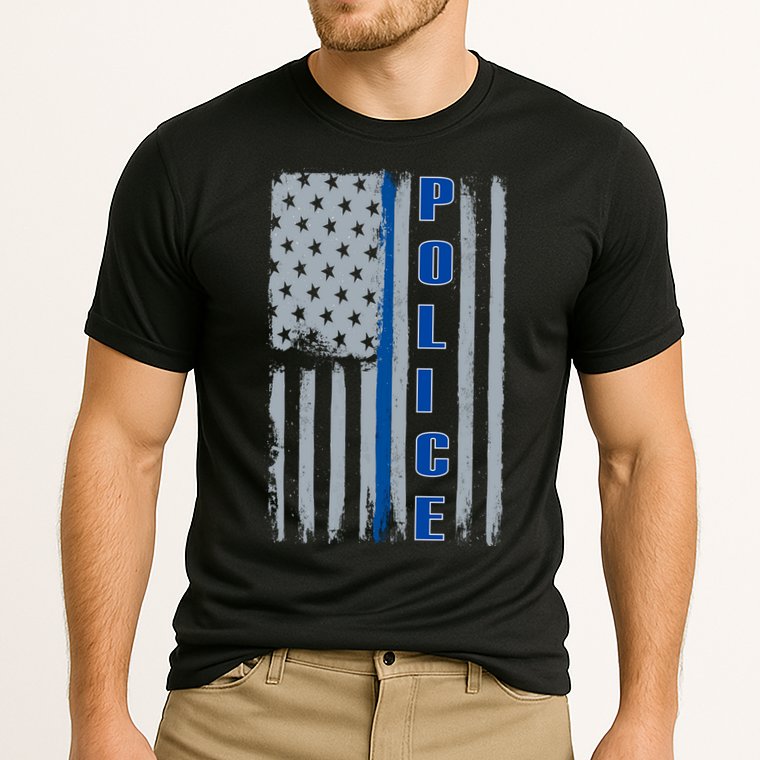 Support Police Blue Flag Cooling Performance Crew T-Shirt