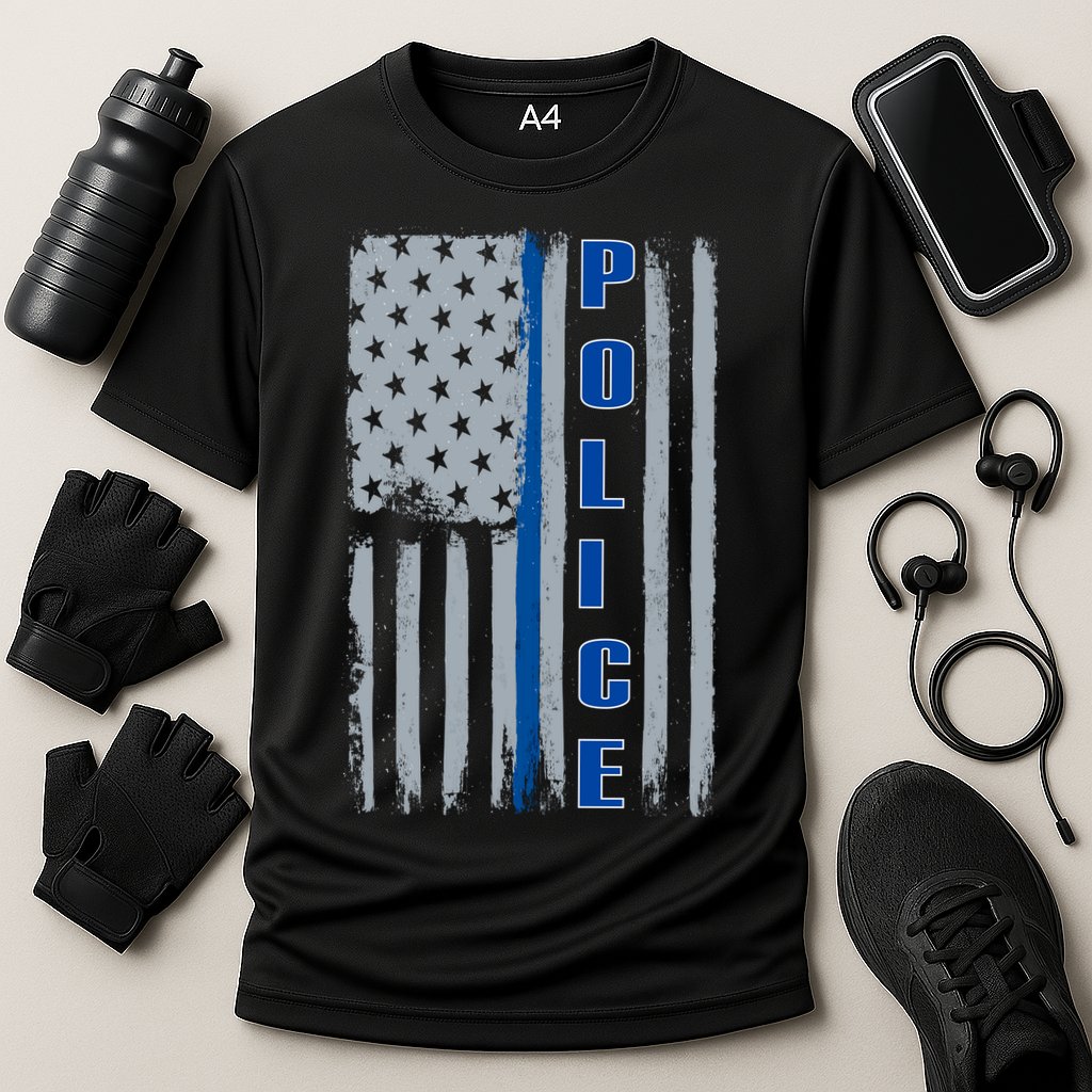 Support Police Blue Flag Cooling Performance Crew T-Shirt