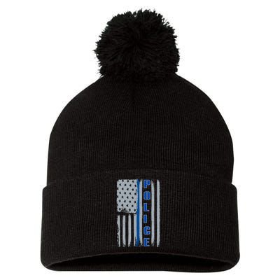 Support Police Blue Flag Pom Pom 12in Knit Beanie