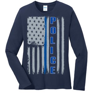 Support Police Blue Flag Ladies Long Sleeve Shirt