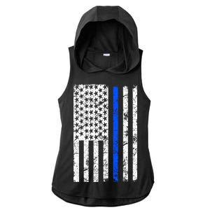 Support Police Blue Thin Line American Flag Ladies PosiCharge Tri-Blend Wicking Draft Hoodie Tank