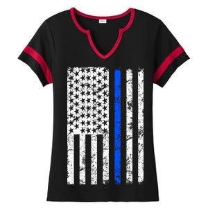 Support Police Blue Thin Line American Flag Ladies Halftime Notch Neck Tee