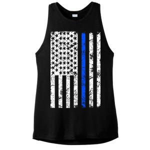 Support Police Blue Thin Line American Flag Ladies PosiCharge Tri-Blend Wicking Tank