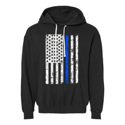 Support Police Blue Thin Line American Flag Garment-Dyed Fleece Hoodie