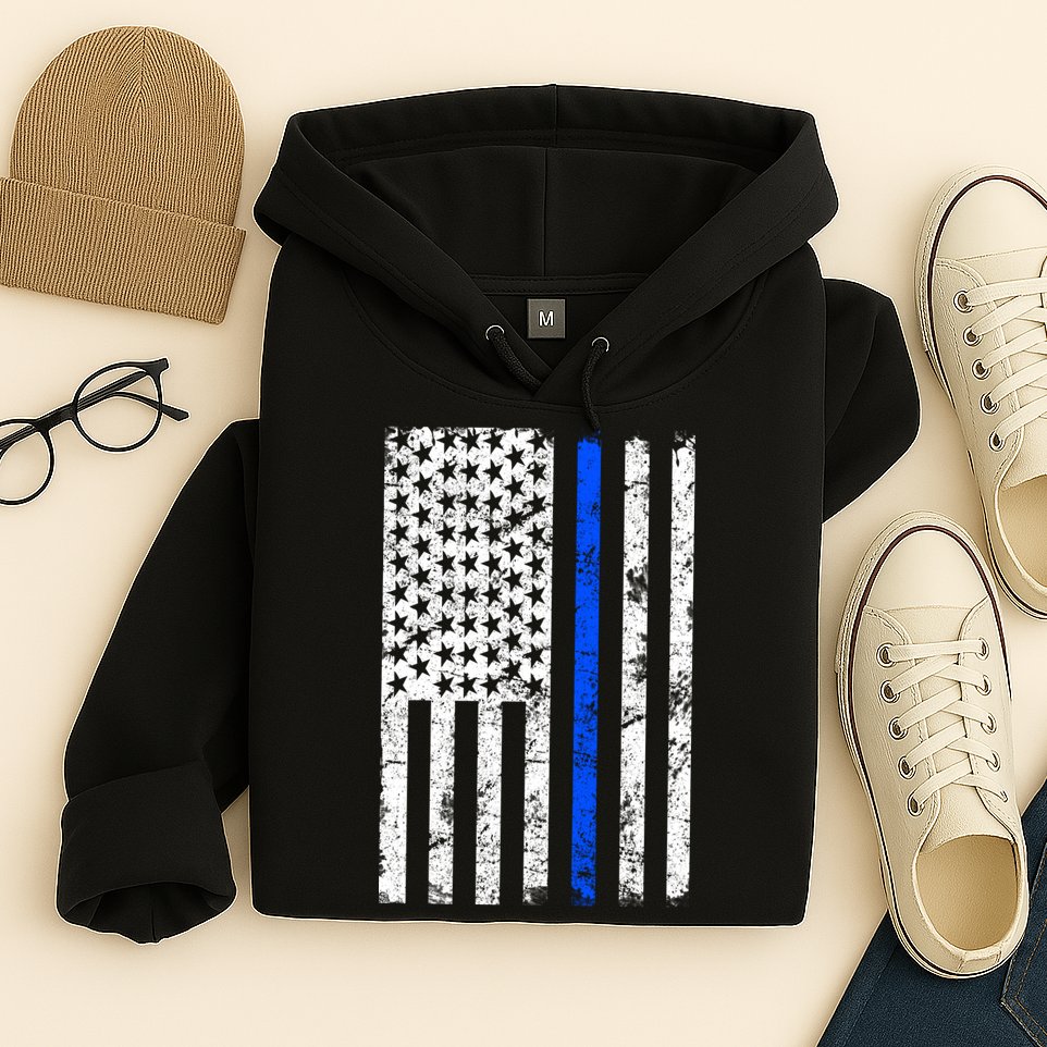 Support Police Blue Thin Line American Flag Hoodie