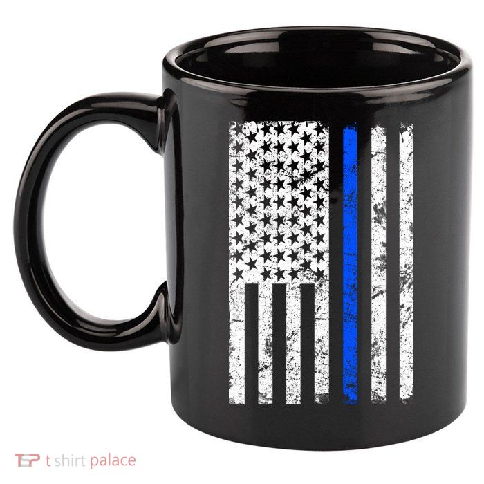 Support Police Blue Thin Line American Flag 11oz C Handle Ceramic Mug