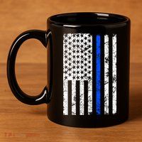 Support Police Blue Thin Line American Flag 11oz C Handle Ceramic Mug