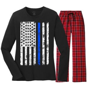 Support Police Blue Thin Line American Flag Women's Long Sleeve Flannel Pajama Set 