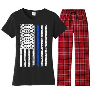 Support Police Blue Thin Line American Flag Women's Flannel Pajama Set