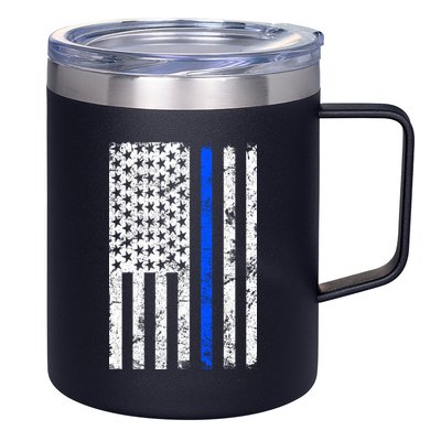 Support Police Blue Thin Line American Flag 12oz Stainless Steel Coffee Mug