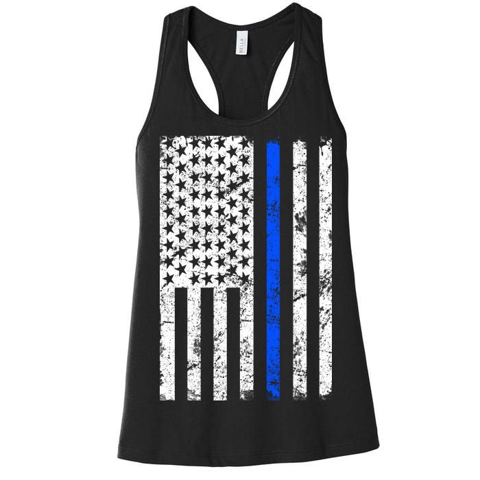 Support Police Blue Thin Line American Flag Women's Racerback Tank