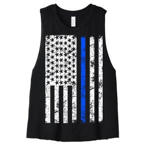 Support Police Blue Thin Line American Flag Women's Racerback Cropped Tank