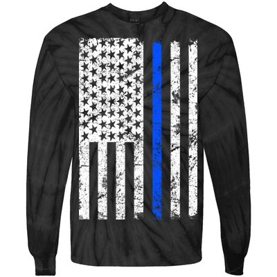 Support Police Blue Thin Line American Flag Tie-Dye Long Sleeve Shirt