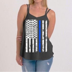 Support Police Blue Thin Line American Flag Women's Strappy Tank