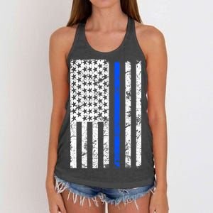 Support Police Blue Thin Line American Flag Women's Knotted Racerback Tank