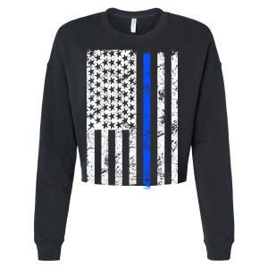 Support Police Blue Thin Line American Flag Cropped Pullover Crew