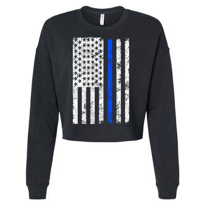 Support Police Blue Thin Line American Flag Cropped Pullover Crew