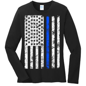 Support Police Blue Thin Line American Flag Ladies Long Sleeve Shirt