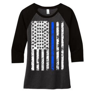 Support Police Blue Thin Line American Flag Women's Tri-Blend 3/4-Sleeve Raglan Shirt