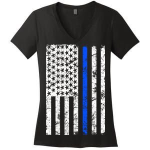 Support Police Blue Thin Line American Flag Women's V-Neck T-Shirt