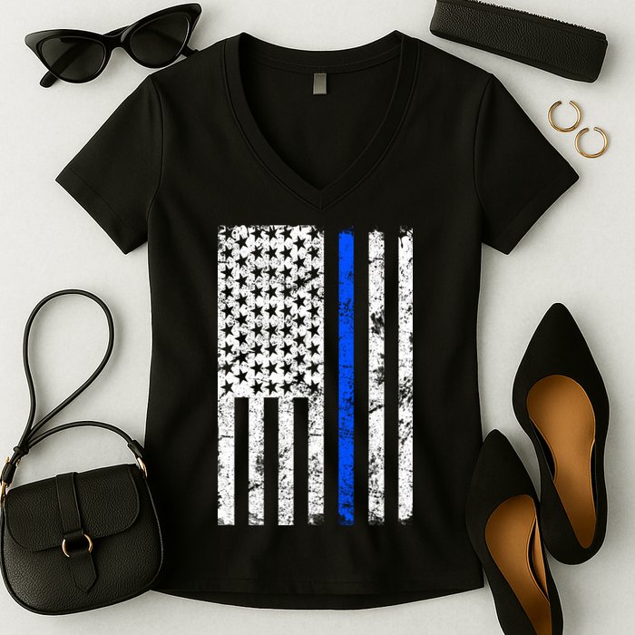 Support Police Blue Thin Line American Flag Women's V-Neck T-Shirt