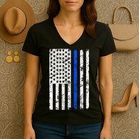 Support Police Blue Thin Line American Flag Women's V-Neck T-Shirt