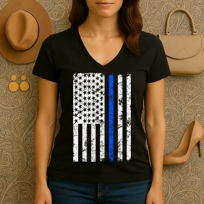 Support Police Blue Thin Line American Flag Women's V-Neck T-Shirt