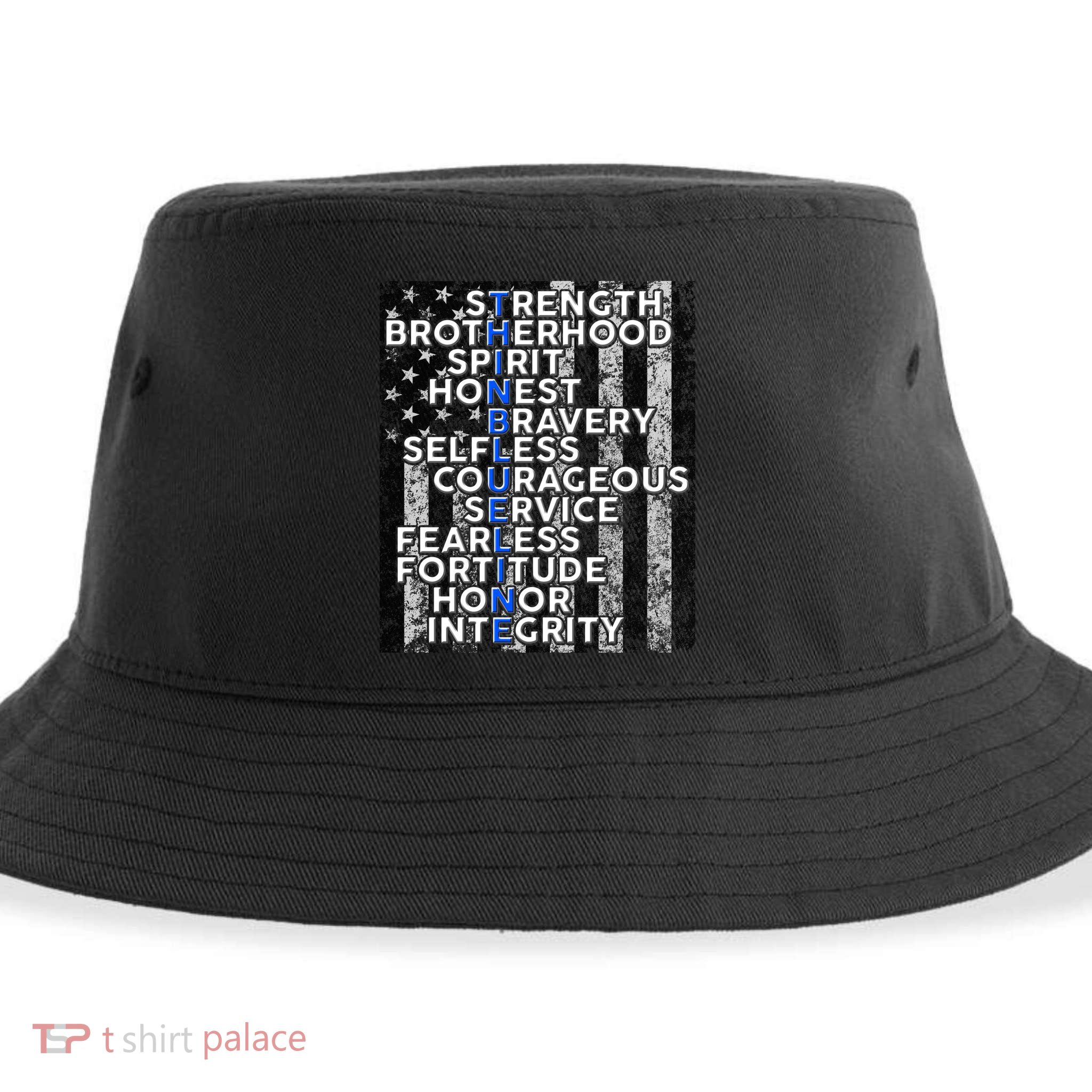 Support Police Thin Blue Line Distressed Flag Sustainable Bucket Hat