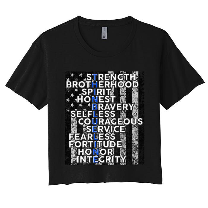 Support Police Thin Blue Line Distressed Flag Women's Crop Top Tee