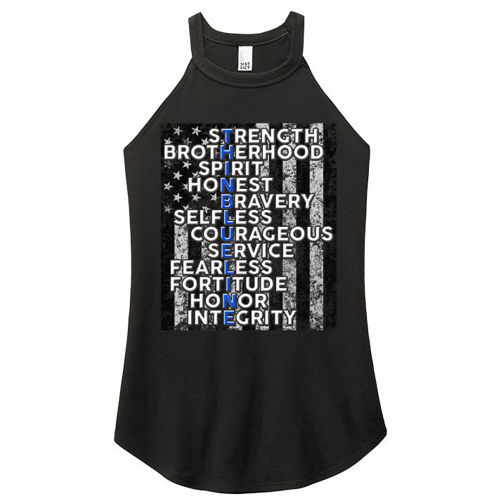 Support Police Thin Blue Line Distressed Flag Women's Perfect Tri Rocker Tank