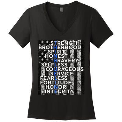 Support Police Thin Blue Line Distressed Flag Women's V-Neck T-Shirt