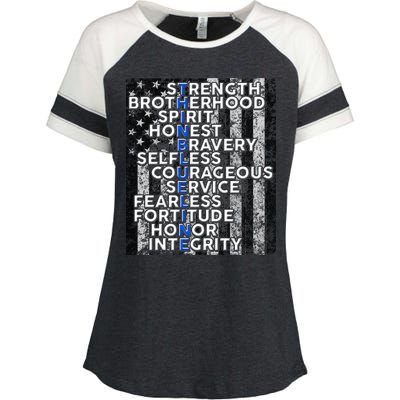 Support Police Thin Blue Line Distressed Flag Enza Ladies Jersey Colorblock Tee