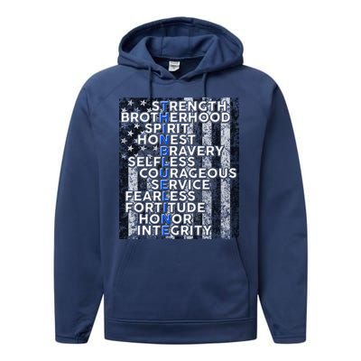 Support Police Thin Blue Line Distressed Flag Performance Fleece Hoodie