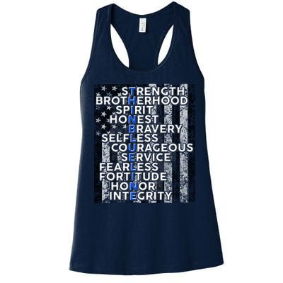 Support Police Thin Blue Line Distressed Flag Women's Racerback Tank