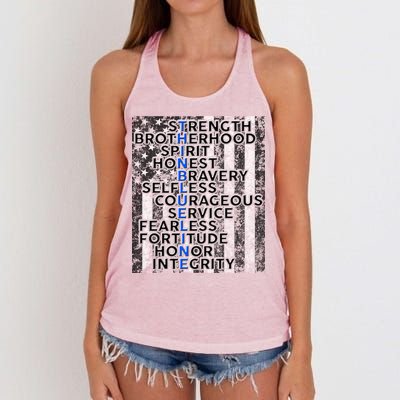 Support Police Thin Blue Line Distressed Flag Women's Knotted Racerback Tank