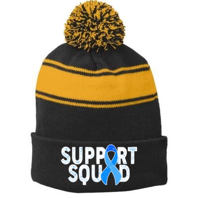 Support Squad Colon Cancer Awareness Blue Ribbon Stripe Pom Pom Beanie