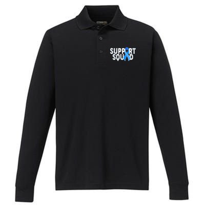 Support Squad Colon Cancer Awareness Blue Ribbon Performance Long Sleeve Polo