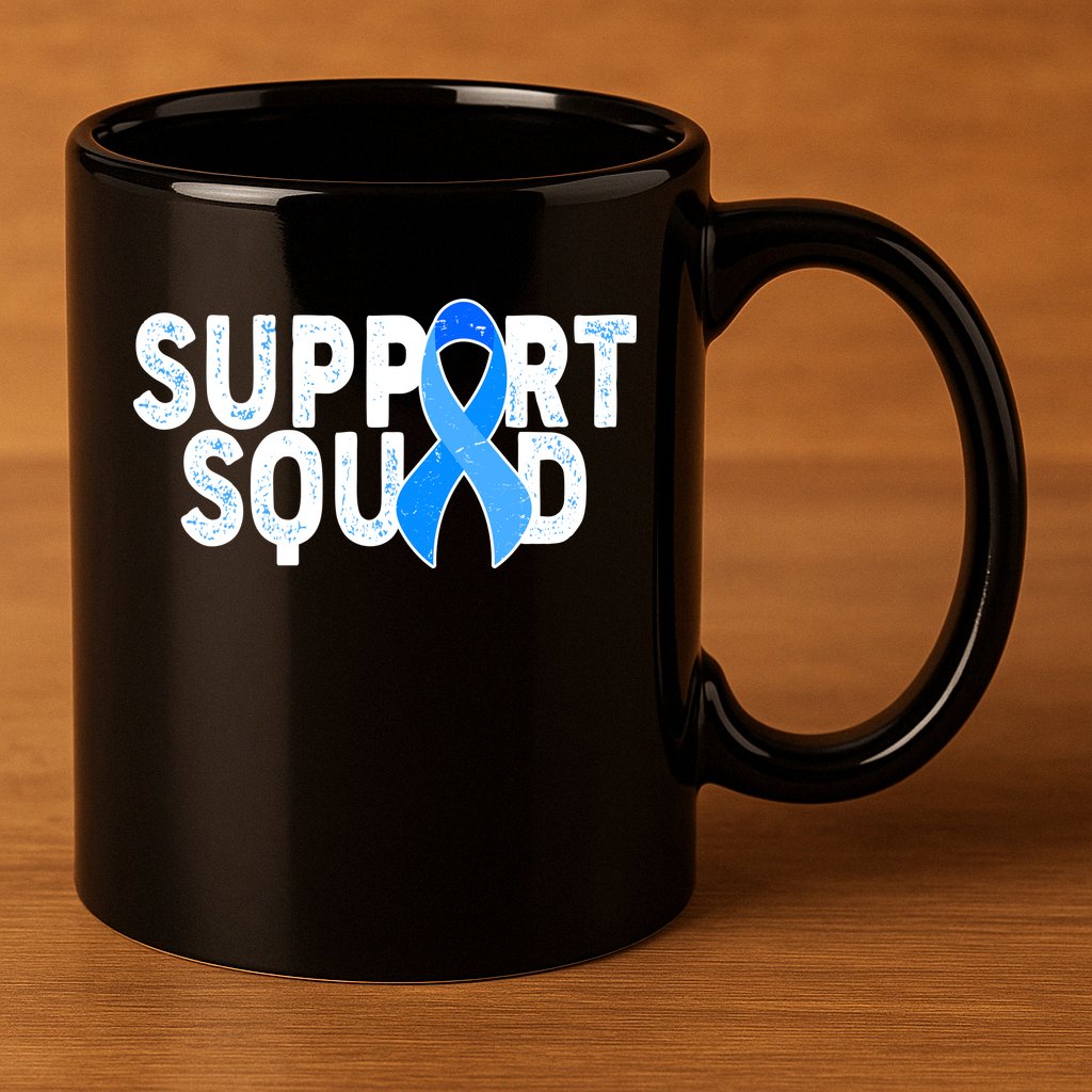 Support Squad Colon Cancer Awareness Blue Ribbon 11oz C Handle Ceramic Mug