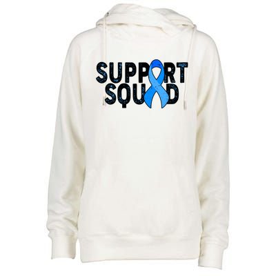 Support Squad Colon Cancer Awareness Blue Ribbon Womens Funnel Neck Pullover Hood