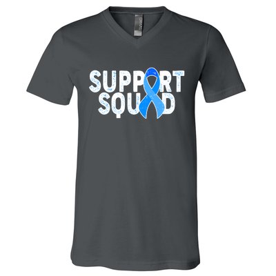 Support Squad Colon Cancer Awareness Blue Ribbon V-Neck T-Shirt