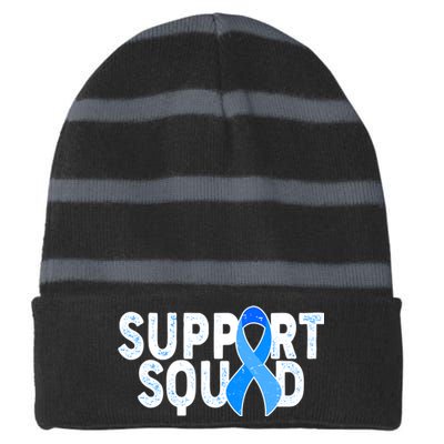 Support Squad Colon Cancer Awareness Blue Ribbon Striped Beanie with Solid Band