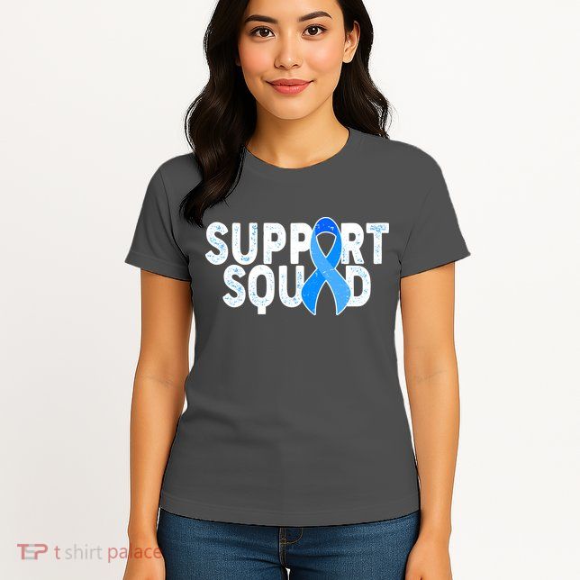 Support Squad Colon Cancer Awareness Blue Ribbon Womens T-Shirt