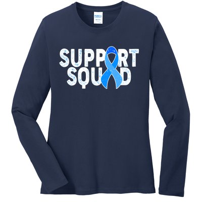 Support Squad Colon Cancer Awareness Blue Ribbon Ladies Long Sleeve Shirt