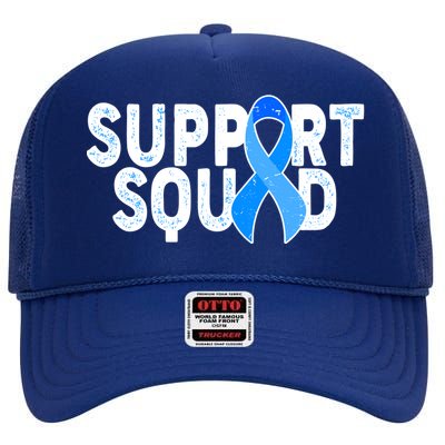 Support Squad Colon Cancer Awareness Blue Ribbon High Crown Mesh Back Trucker Hat