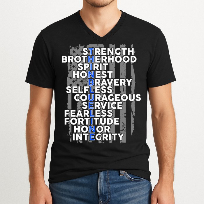 Support The Thin Blue Line US Flag V-Neck T-Shirt