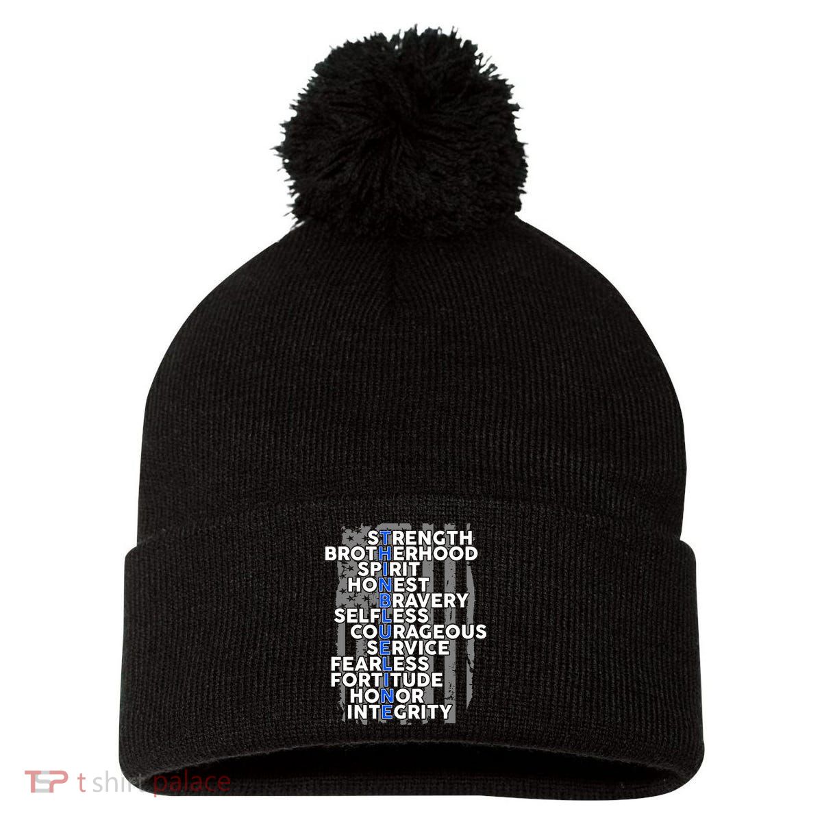Support The Thin Blue Line US Flag Pom Pom 12in Knit Beanie