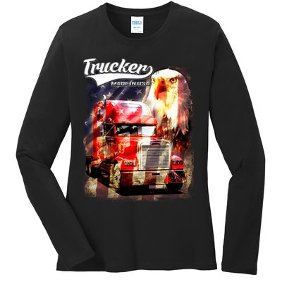 Support Trucker Made In USA Eagle Flag Ladies Long Sleeve Shirt