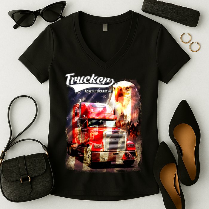 Support Trucker Made In USA Eagle Flag Women's V-Neck T-Shirt