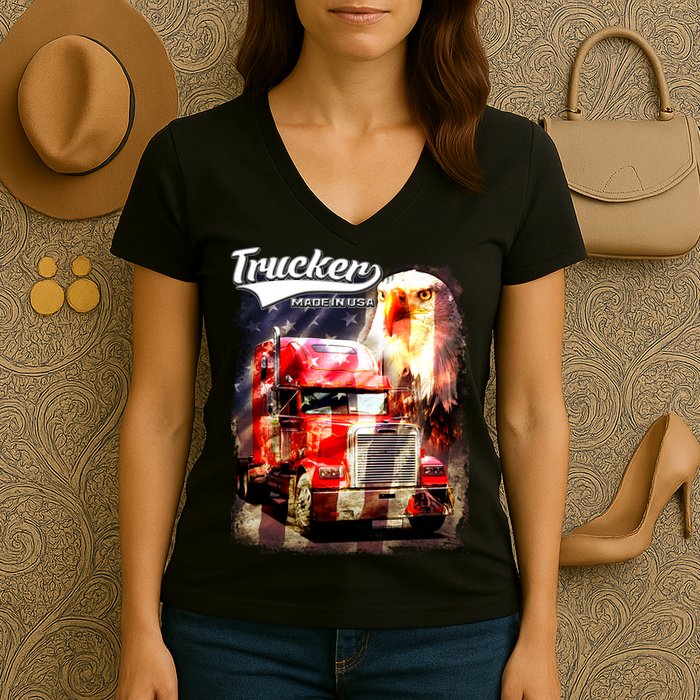 Support Trucker Made In USA Eagle Flag Women's V-Neck T-Shirt