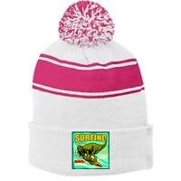 Surfing T-Rex Stripe Pom Pom Beanie